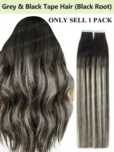 20pcs Ombre Grey & Black Color Human Hair Tape in Extensions, 12-24 Inches Natural Straight Hair Black Hair Roots Salon Quality Easy Apply Durable Design