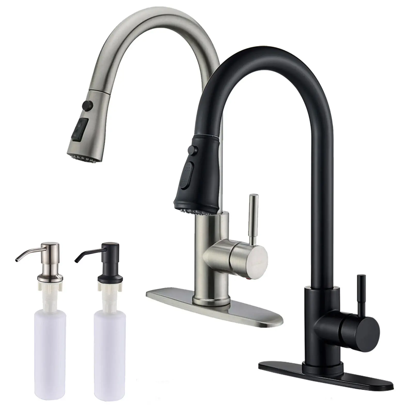 Kitchen Faucets with Soap Dispenser, High Arc Single Handle Kitchen Sink Faucet with Pull Down Sprayer 3 Modes, Brushed Nickel Matte Black Modern Kitchen Sink Faucets with Sprayer For Utility Rv Laundry