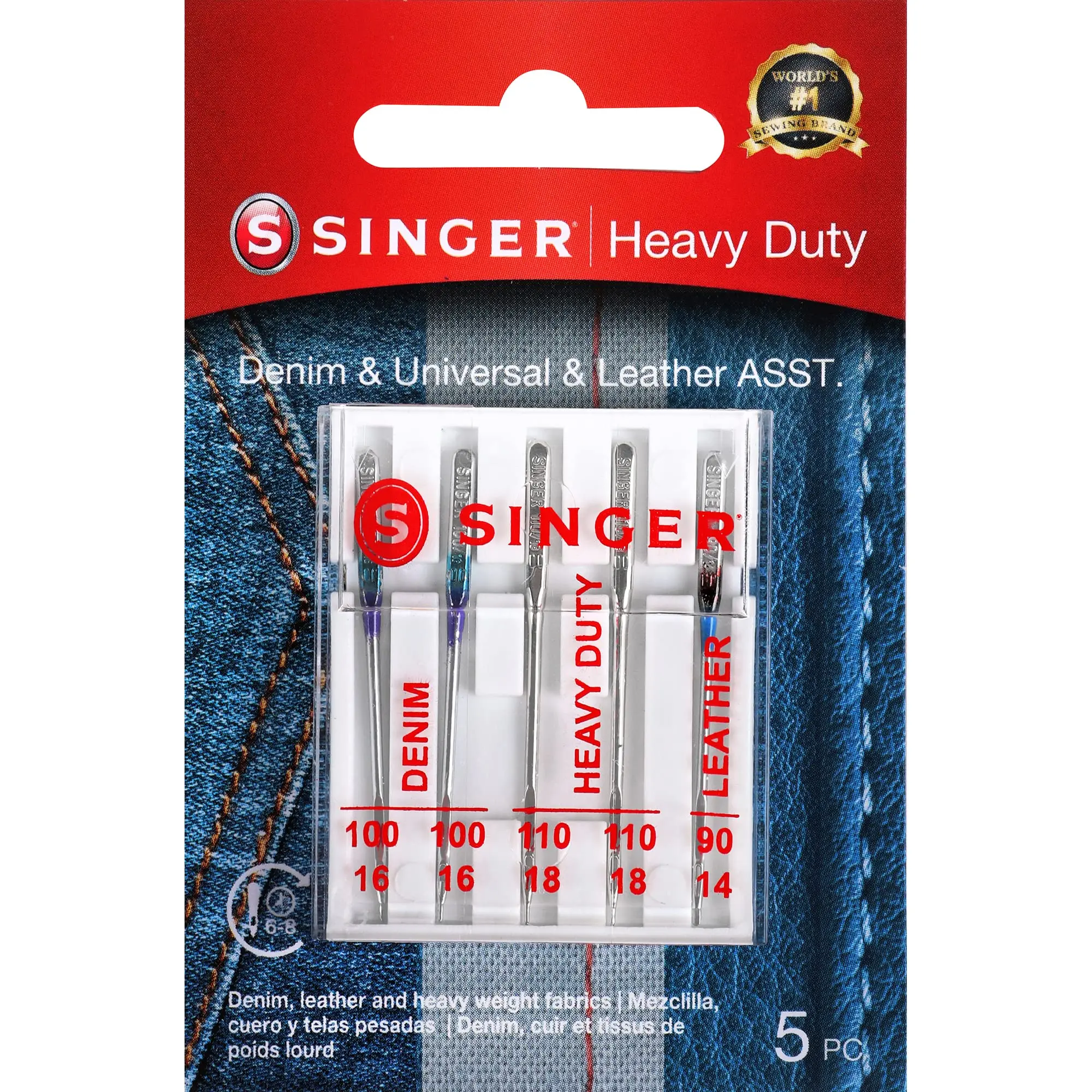 Singer 04801 Universal Heavy Duty Replaceable Stainless Steel Sewing Machine Needles - 5-Count, Size Variety, Home Sewing Use, Compatible with Brother & Kenmore Machines, Ideal for Heavy Fabrics & Denim, Replaceable Needles, Slender Eye