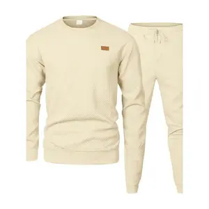 Men's Casual Outdoor Sportswear Set, Fitted Round Neck Sweater, Loose Fit Street Fashion, Plain Texture Design, Fall & Winter, Textured Sweatsuit