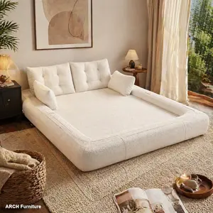 ARCH 3-in-1 Foldable Human-Dog Bed, Large Teddy Fabric Sleeper with Comfort Foam Filling, Multifunctional Lazy Couch for Living Room, Beige White Guest Bed for Adults and Pets, Multifunctional Use Home,summervibes