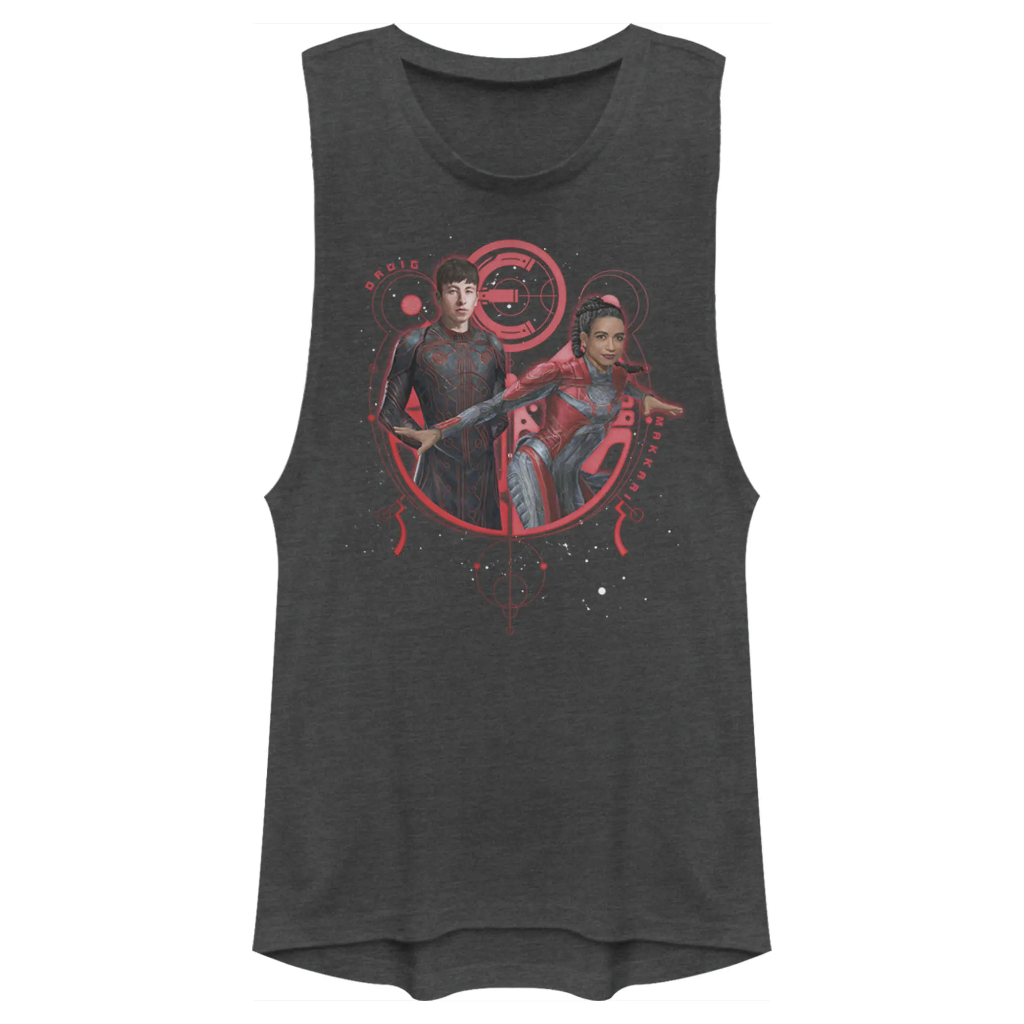 Juniors Womens Marvel Eternals Druig and Makkari Duo Festival Muscle Tee