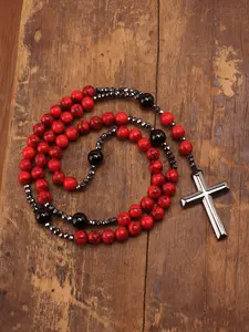 Bohemian Beaded Cross Pendant Necklace, Unisex Jewelry, 8mm Round Beads, Rosary Style, Perfect for Men and Women, Jewelry Gifts