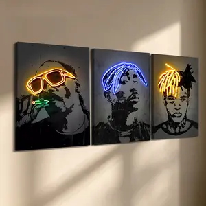 3 Count Wooden Frame Canvas Prints, Neon Hip-Hop Inspired Portrait Triptych Canvas Wall Art, Glow Effect Urban Print, Contemporary Art, Exquisite Family Poster, Suitable for Living Room Corridor Wall, HD Inkjet Printing, Artwork
