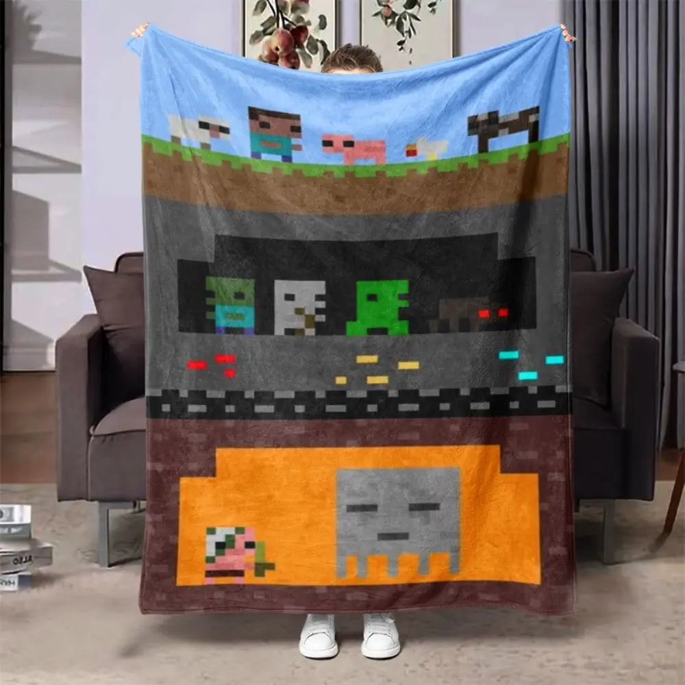 Pixel Block Game Flannel Throw Blanket, Soft Lightweight Warm Throw with Pixel Monster Cave Adventure Print, Cozy Gamer Fans Gift, Gaming Room Decor for Bed Couch, Throw Blankets