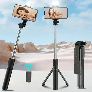Scalable Phone Selfie Stick with Built-In Fill Light Telescopic Tripod for Hiking Travel Vlog Outdoor Professional Live Streaming Wireless Remote 360° Rotating Smartphone Accessory wireless