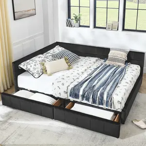 Velvet Corner Bed Frame Queen, Upholstered Corner Daybed with Drawers, Queen Size Day Bed Frame with Storage, Classic Tufted Design, Reversible Left Or Right (Black, Queens)