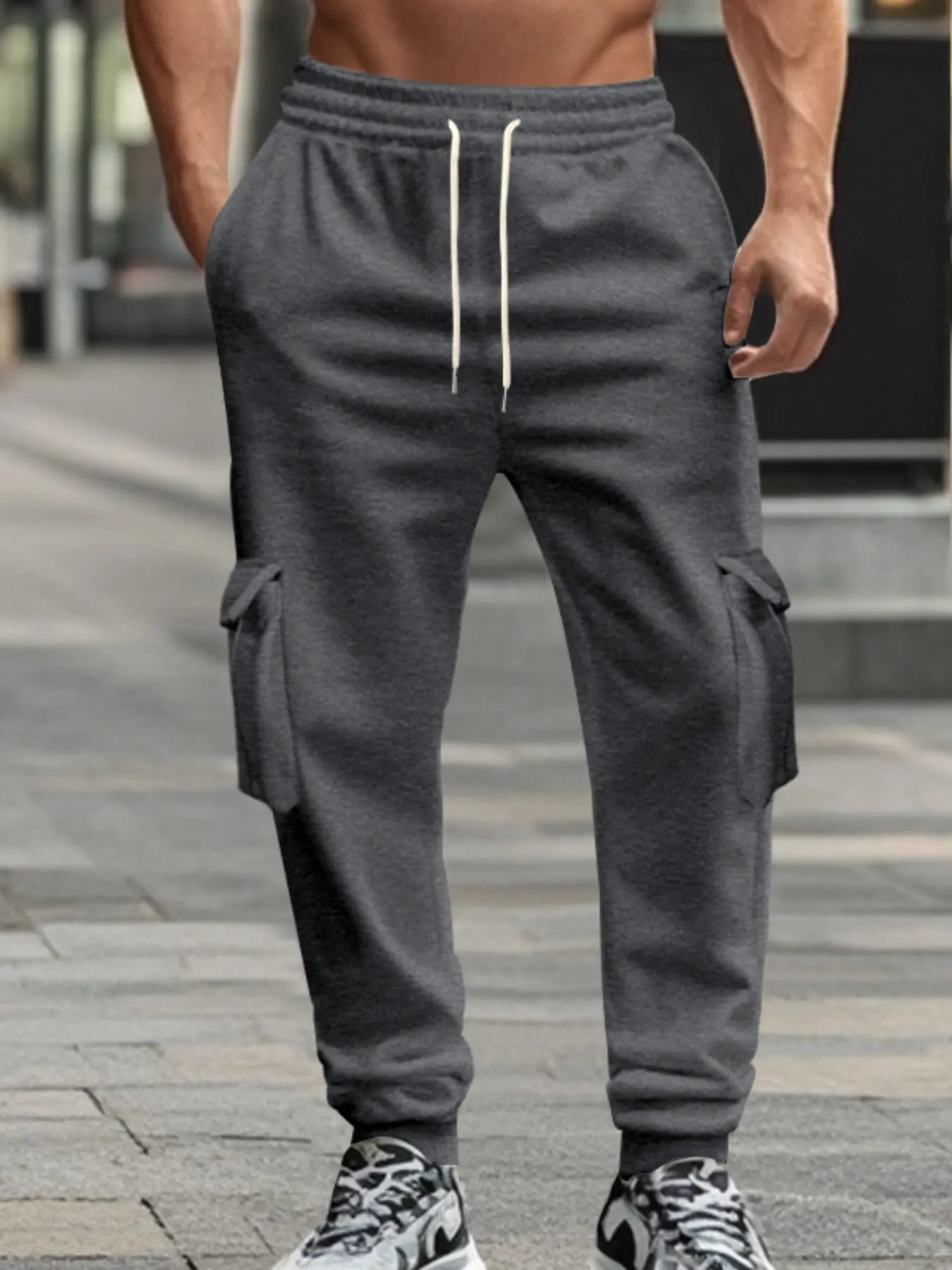 Men's Fleece Lined Knit Cargo Pants, Fall Winter Streetwear Style, Multi-Pocket Design, Drawstring Waist, Warm & Cozy Fit