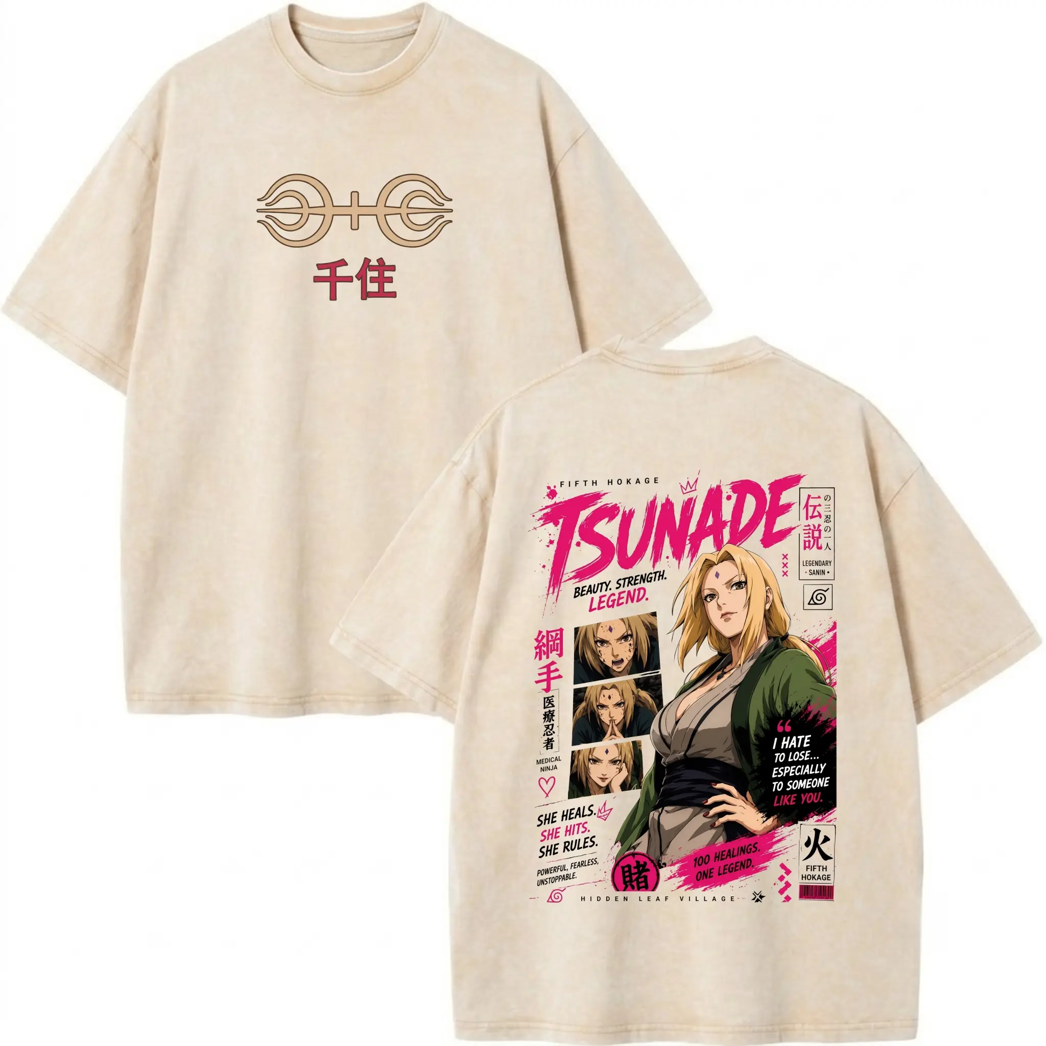 Men's Unisex Naruto Tsunade Graphic Tee - 100% Cotton Beige Acid Wash Oversized Round Crew Neck Vintage Fifth Hokage Japanese Streetwear Casual Merch, S-3XL, Breathable, Cold Wash, Do Not Tumble Dry