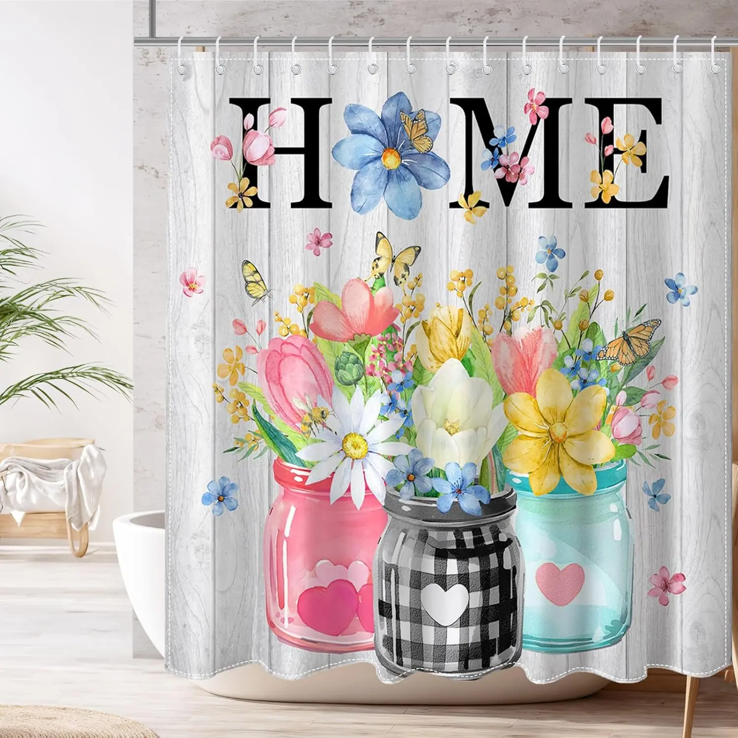 Spring Floral Shower Curtain for Bathroom, Yellow Blue Butterfly and Flowers Shower Curtain for Spring Bathroom Decor, Waterproof Fabric Bath Curtain with Hooks