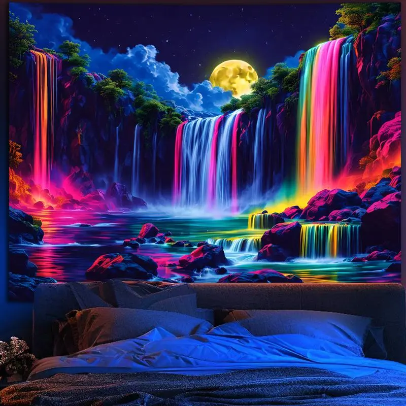 Blacklight Fantasy Waterfall Moon Tapestry, UV Reactive Nature Tapestry Neon Landscape Mountain Rainbow Wave Tapestry Wall Hanging Tapestries for Bedroom, Living Room summerwins