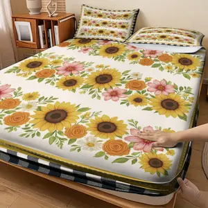 Sunflower Bedding Queen Size 1 Bed Skirt 2 Pillowcases Elastic Fitted Bedskirt for Bedroom Decoration