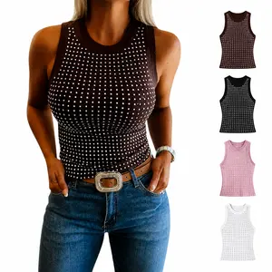 Women's Crystal-Decor O-Neck Fitted Casual Sleeveless Slim-Fit Ribbed Tank Top, Basic Minimalist Casual Womenswear