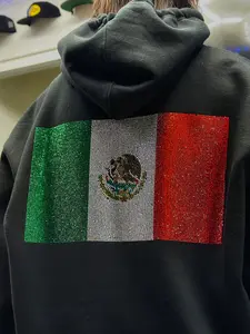 Mexico Flag Rhinestones Cotton Hoodie - S,M,L,XL,XXL Unisex Casual Unisex Clothing Pullover Soft Athletic Long Sweaters Long Sleeve Layer Loose Stylish Top