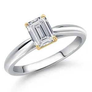 Gem Stone King 0.70 Cttw IGI Certified Lab Grown Diamond in 925 Silver and 10K Yellow Gold Solitaire Engagement Ring for Women | Emerald Cut | D-E Color | VS1-VS2 Clarity