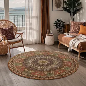 Round Boho Style Vintage Floral Pattern Rug, Non-slip Soft Floor Mat, Decorative Carpet for Home Living Room Bedroom Hotel, Boho Area Rug