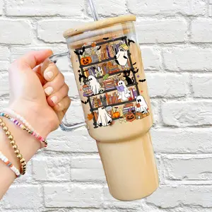 Ghosts Reading Glass Cup With lid and Straw - Aesthetic Booktok Drinkware with Bamboo Lid, Bookish book lover, Cute Halloween Portable Tumbler
