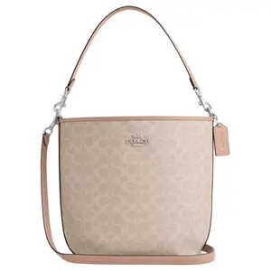 COACH City Bucket 17 Small Tote Bag with Signature Coated Canvas and Metal Logo for Women in Sand Color