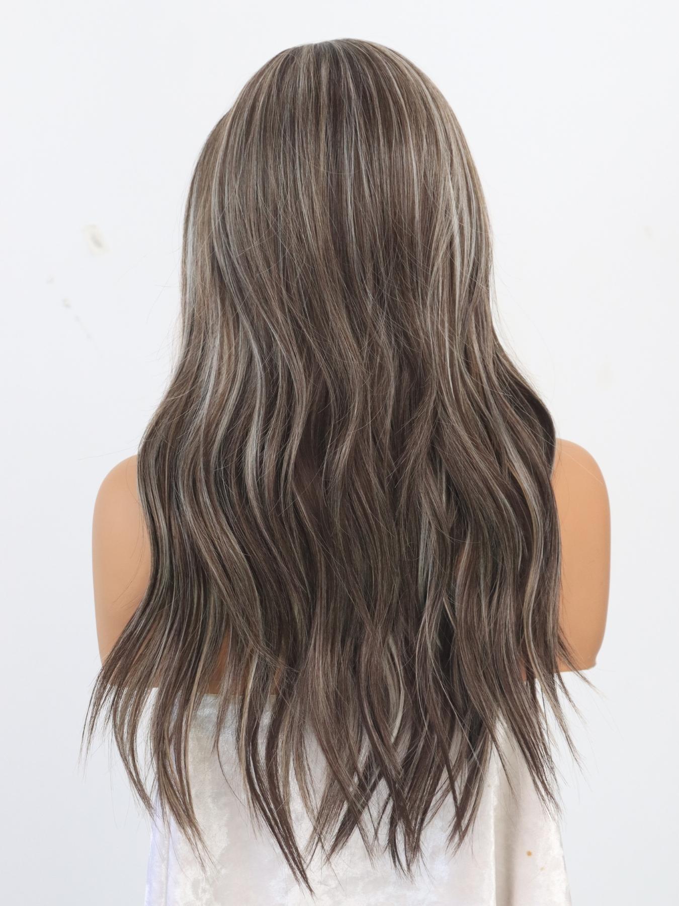 MACA BAKA Skylar Iced Brown Ash Blonde Layered Ombre Highlight Headband Wigs Wear and Go Glueless Low Density 18 Inches Iced Mocha Long Soft Wavy Synthetic Wigs for Women Easy to Wear