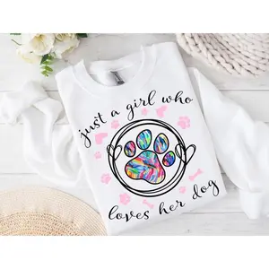 Just a Girl Who Loves Her Dog/Dogs Sweatshirt Design | Colorful Paw Print ShirtDesign | Hand-Drawn Pet Lover Apparel | Transparent PNG File