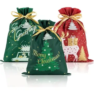 Large Christmas Gift Bag Set - 3-Piece Drawstring Fabric Gift Bags with Tags and Gold Ribbon - Reusable Fabric Gift Packaging Bags, Size 22 x 16 Inches