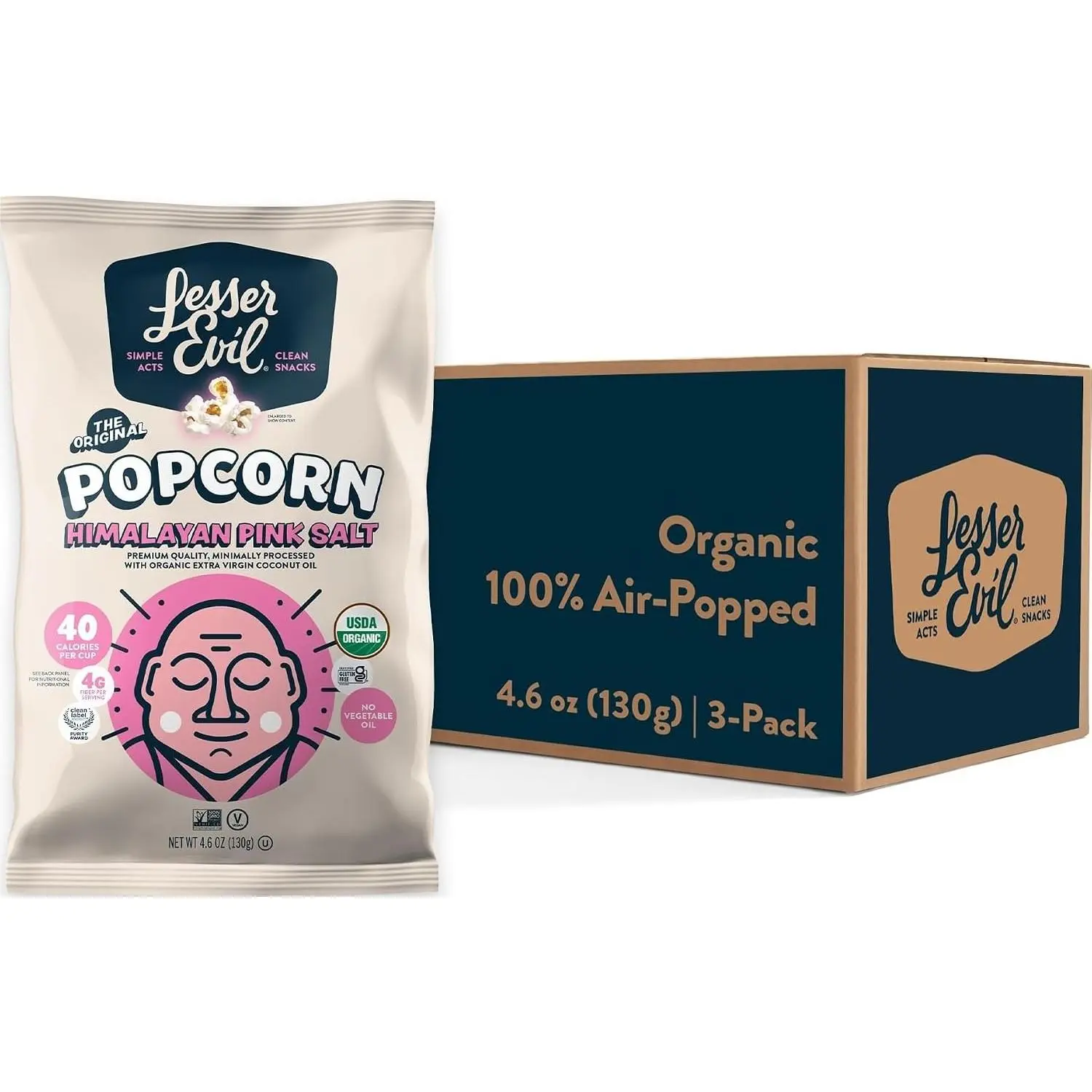 LesserEvil Himalayan Pink Salt Organic Popcorn, Premium Quality, Minimally Processed, No Vegetable Oil, 4.6 Oz, (Pack of 3)