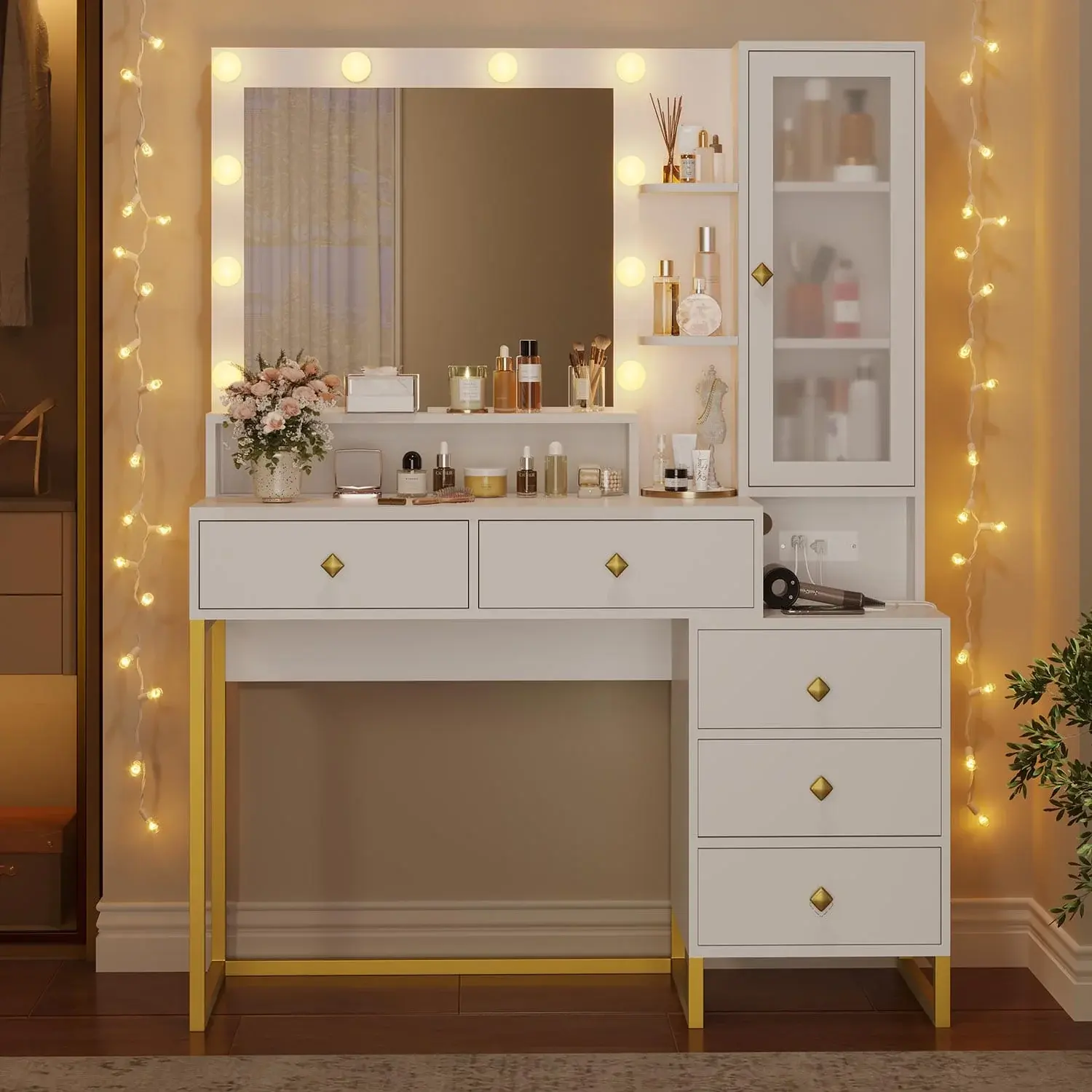 LED Makeup Vanity with 5 Drawers White & Gold