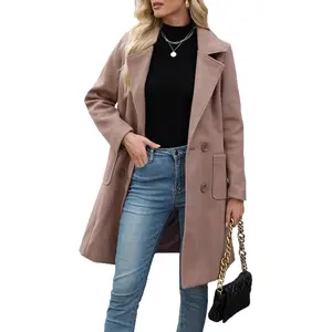 NMA Women's Winter Blend Mid-Long Coat Notch Double-Breasted Lapel Jacket Outwear Casual Chic Outerwear for Office Wear & Fall Strolls