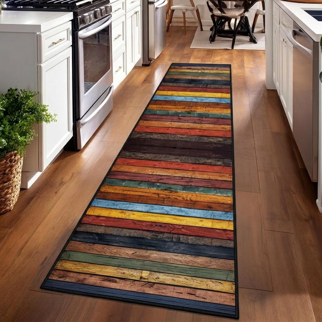 2x10 Colorful Rustic Wood Runner Rug – Washable Non-Slip Kitchen Rug, Soft Low Pile Carpet Perfect for Hallway, Laundry & Pet-Friendly Homes