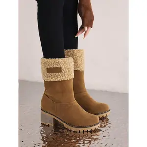 Winter Faux Fur Snow Boots For Women Platform Block Chunky Heels Pull On Comfortable Outdoor Suede Warm Boots