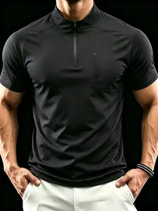 Men's Half-Zip Slim Fit Polo Shirt, Quick-Dry Sports Style Short Sleeve Top, Casual Wear for Daily Use