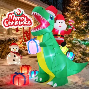 Whubefy 7FT Christmas Giant Inflatable Dinosaur Santa with 3 Cute Gifts, Outdoor Decoration, Inflatable Weatherproof Christmas Yard Decoration with Lighting Effects, Built-in LED Lights, Suitable for Garden Lawn Indoor Winter Holidays