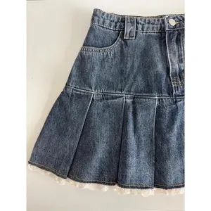 Women's Blue Denim Vintage Aesthetic Patchwork Lace Harajuku Korean Cowboy 2000S Summer Solid Color High Waist Bodycon Skirt Office Lady Style