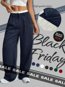 Women's All Over Striped Print Pocket Wide Leg High Waist Pants, Casual Comfy Trousers for Spring & Fall, Women's Bottoms for Daily Wear