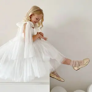 Ready Stock 100-140cm Girl’s Enchanting White Gauze Dress Sheer Bow-Accented Cape & Puffy Skirt, Ideal for Piano Pefermance 246150