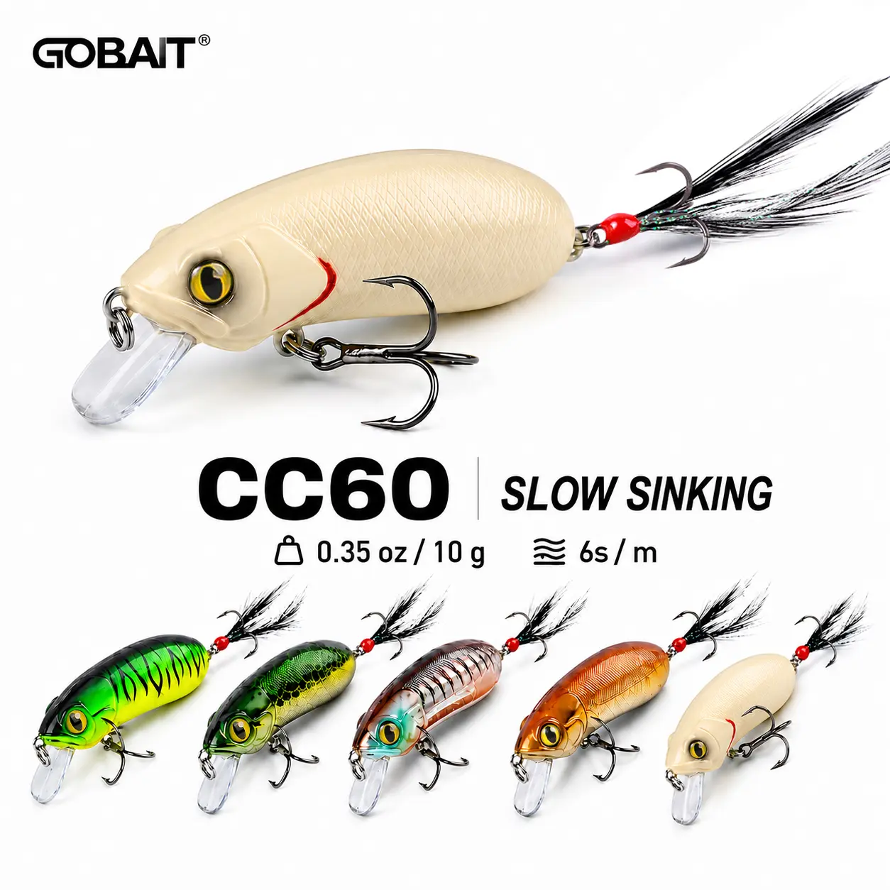 3Pcs Slow Sinking Crankbait Fishing Lures Set (2.4in / 0.35oz) - Hard Bait Wobbler with Feather Treble Hooks for Bass, Pike & Trout Fresh/Saltwater Fishing Lure Kit