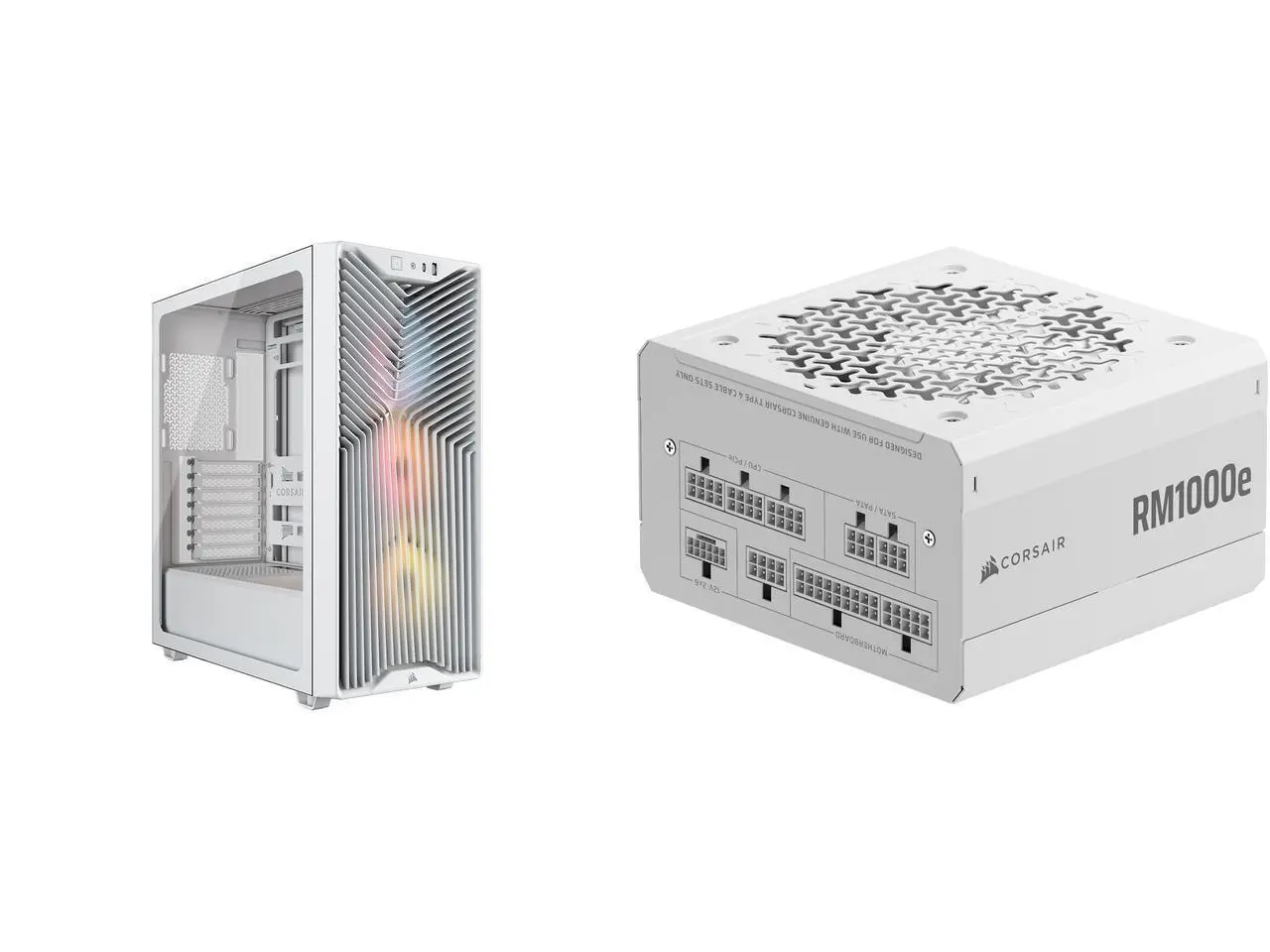 CORSAIR 3200D RS ARGB mid-tower chassis with 3x RS120 ARGB fans, DIY features, powerful cooling. White. CORSAIR RM1000e Modular Low-Noise ATX Power Supply, ATX 3.1 & PCIe 5.1, 105°C Capacitors, Cybenetics Gold Efficiency