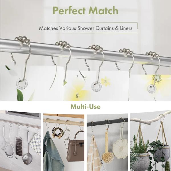 Shower Curtain Hooks, Decorative Rust Proof Stainless Steel Shower Curtain Hooks for Bathroom Shower Rods Set of 12, Polished Nickel (12pcs)