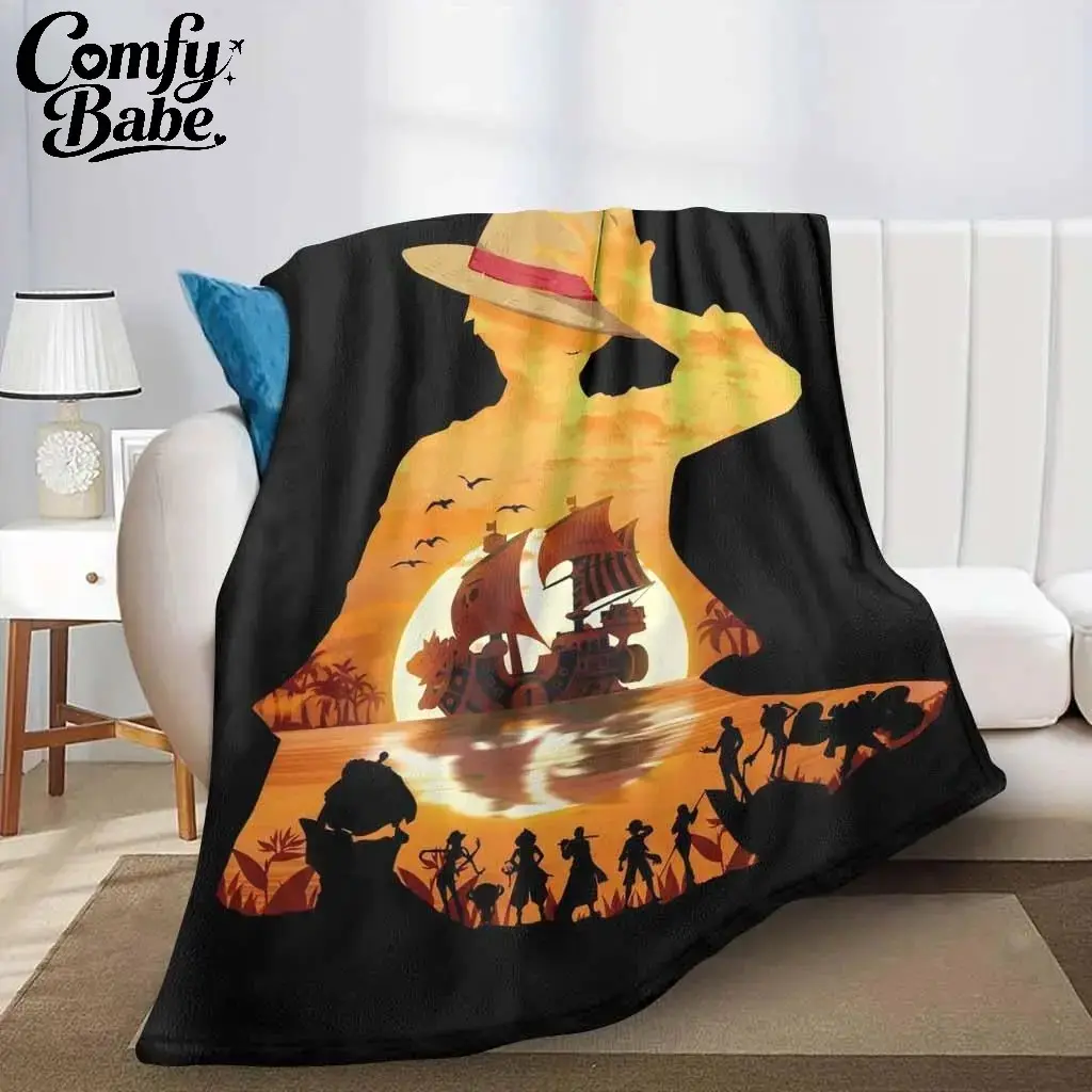 1 Piece Inspired Straw Hat Luffy Fleece Throw Blanket - Soft Flannel Anime Pirate Silhouette Blanket, Anime Fan Gift for Bedroom Dorm Game Room Decor