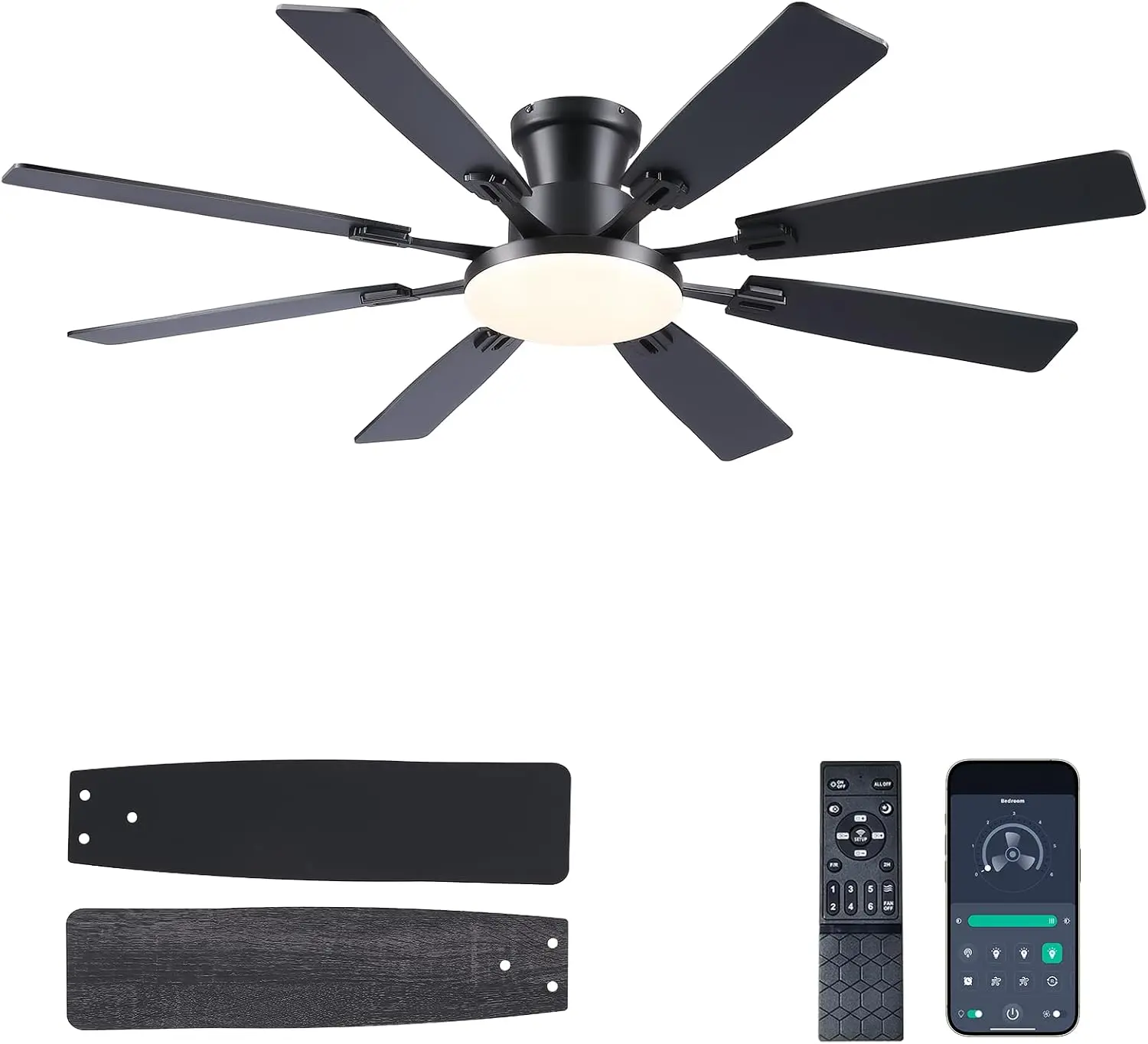 JSAITEE 60Inch Ceiling Fan with Lights, Large Low Profile Flush Mount,Black | Ceiling Fans,DC Reversible Motor Noiseless, 3CCT Dimmable, Dual Finish, 6 Speeds Ceiling Fan for Indoor/Outdoor
