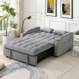 3-in-1 Convertible  Bed with USB Ports and Phone Holder, Pull-Out Bed, Modern Velvet Double  Bed, Adjustable Reclining Backrest, Compact Double Lounge , Includes Pillows and Storage Pockets, Living Room Furniture, Foam Sofa compression Corduroy couch