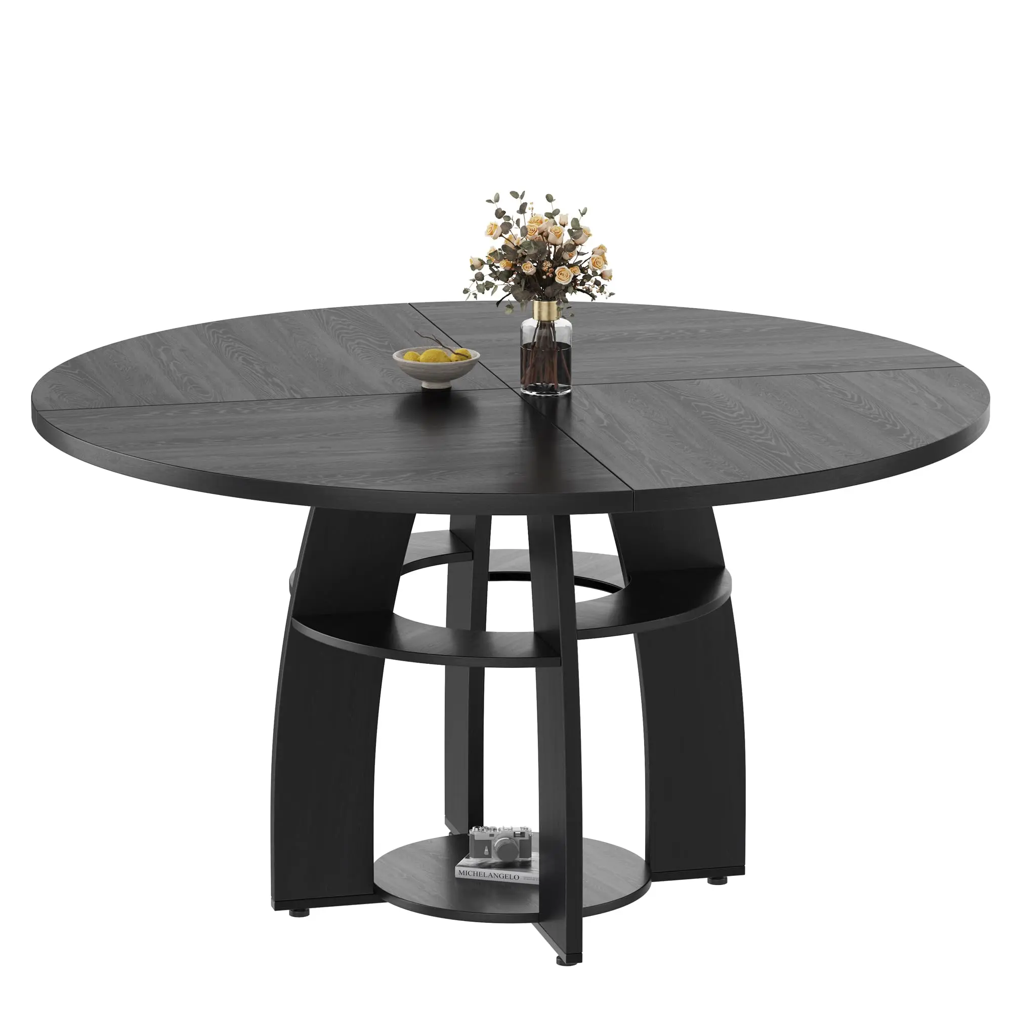 Contemporary Round Dining Table – 47 Inch Black Wood Table for 4-6, Storage Shelf, Adjustable Feet, Sturdy & Easy to Clean, Perfect for Kitchen or Apartment