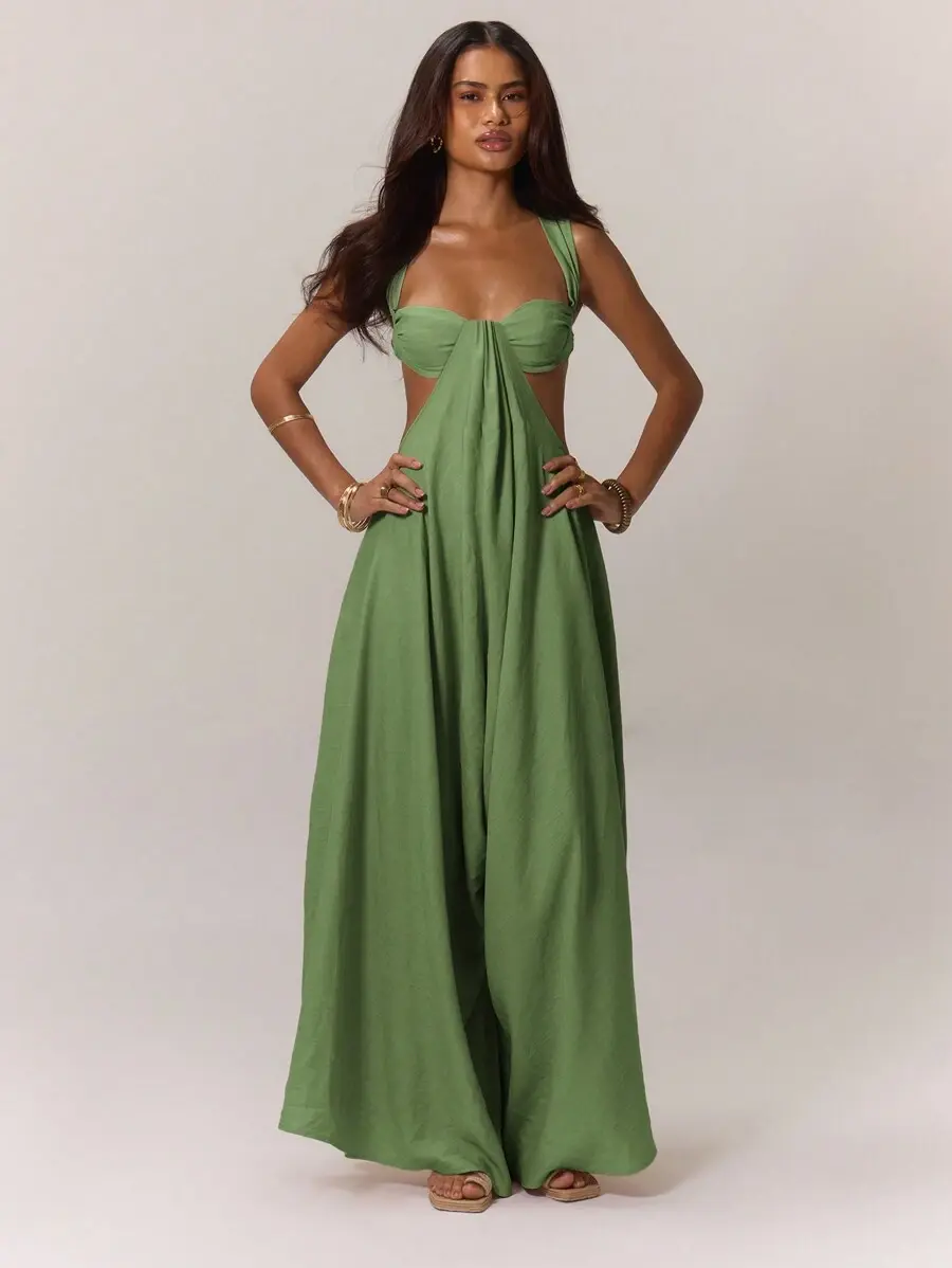 Boho Wide Leg Cutout Jumpsuit for Women – Draped Bust Cup Open Back Vacation Outfit, Elegant Beach Wedding Guest Ibiza Party Palazzo Romper Green