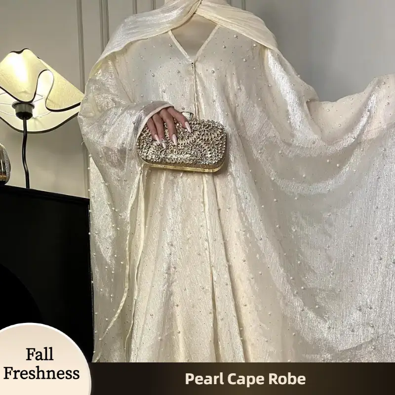 【FallFreshness】CL01 Starlight sparkling pearl abaya, two-piece suit, abaya cardigan, bottoming dress Modest Beige Women Chiffon Chic【Fashionweek】