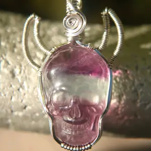 Silver Wire Wrapped Rainbow Fluorite Crystal Devil Skull Pendant
