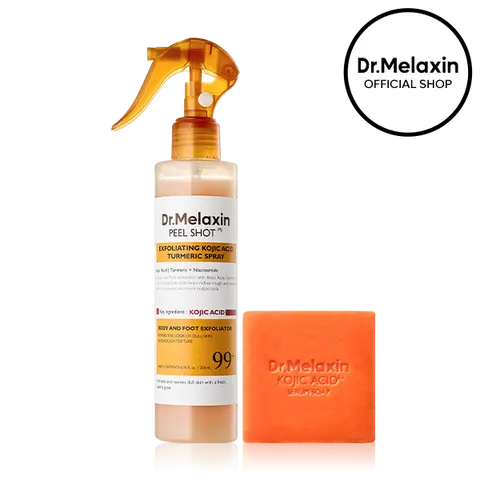[Dr.Melaxin Official] Kojic Acid Body Brightening Duo, 2-Piece | Kojic Acid Serum Soap + Kojic Turmeric Exfoliating Body Spray | Kojic Soap for Dark Spots, Underarms & Uneven Tone | Korean Skincare