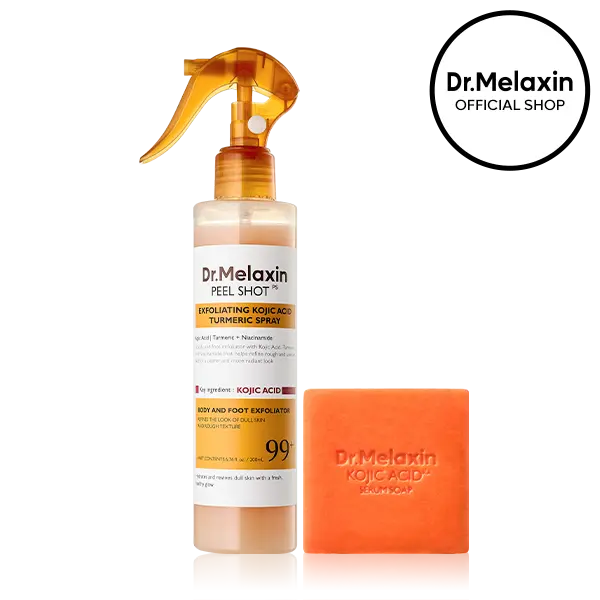 [Dr.Melaxin Official] Kojic Acid Body Brightening Duo, 2-Piece | Kojic Acid Serum Soap + Kojic Turmeric Exfoliating Body Spray | Kojic Soap for Dark Spots, Underarms & Uneven Tone | Korean Skincare