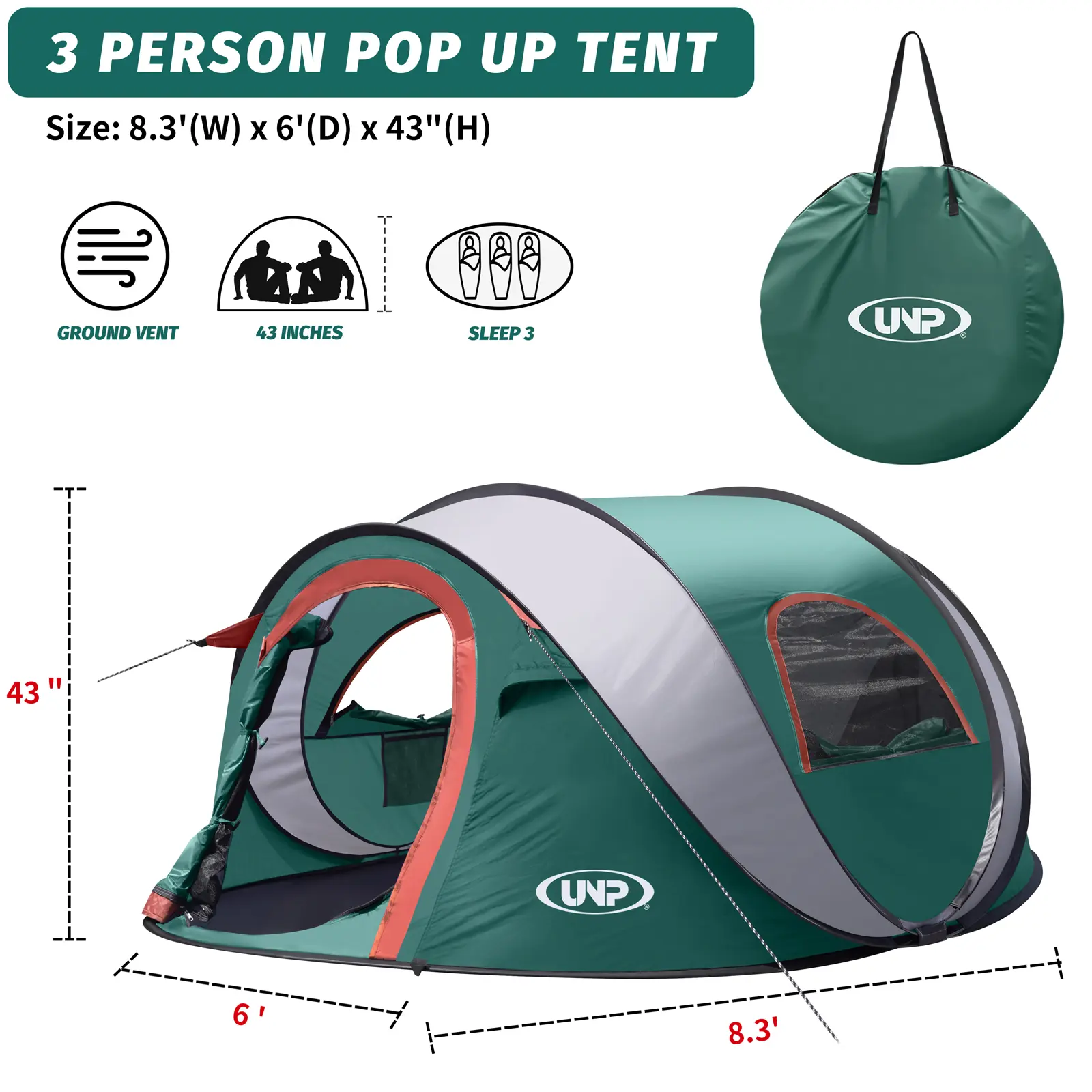 UNP 3-Person Pop-Up Tent, Instant Setup, Waterproof & Windproof, 8.3'x6'x43" with Removable Awning, Portable Family Beach Tent, Easy Setup for Travel & Backyard, Mother's Day Gift Idea essentials camping quick inflatable father built-in floor trip