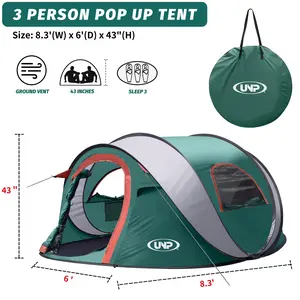 UNP 3-Person Pop-Up Tent, Instant Setup, Waterproof & Windproof, 8.3'x6'x43" with Removable Awning, Portable Family Beach Tent, Easy Setup for Travel & Backyard, Mother's Day Gift Idea essentials camping quick inflatable father built-in floor