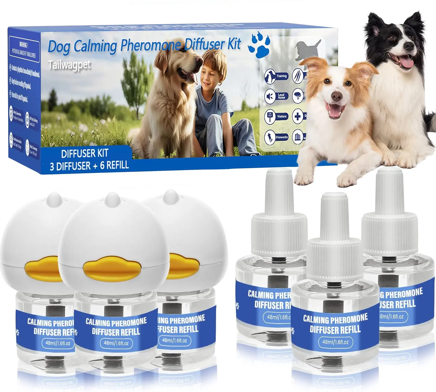 9 Pack Dog Calming Pheromone Diffuser for Anxiety & Aggression Relief with 3 Plug-Ins & 6 Refills (48mL Each) for 180 Days of Stress & Barking Control